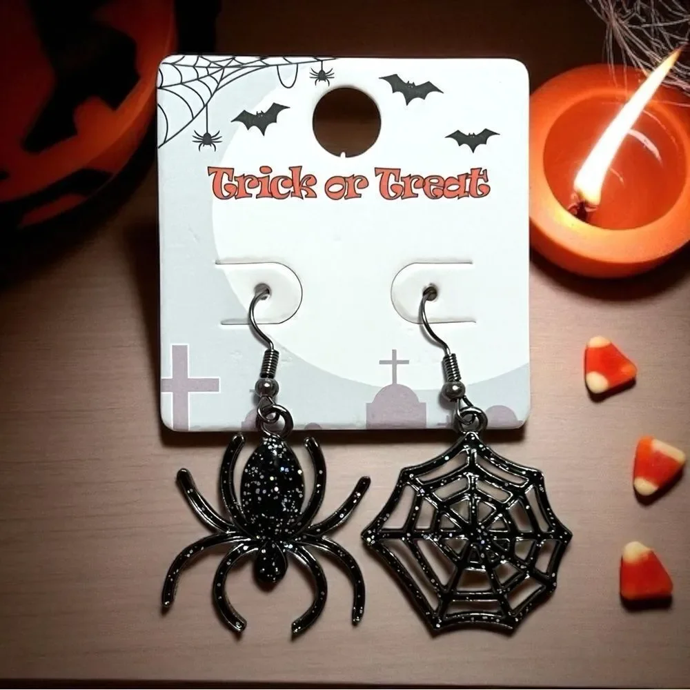 Black Glitter Spider and Web Halloween Dangle Earrings